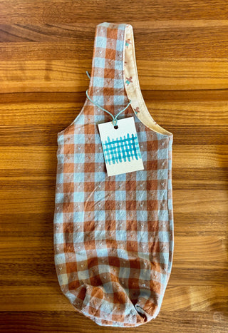 Tan and Blue Gingham Heart Holiday Wine Bag
