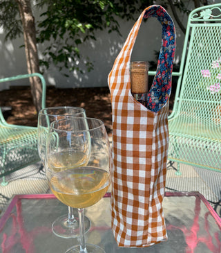 Terra Cotta Gingham Fabric Wine Bag